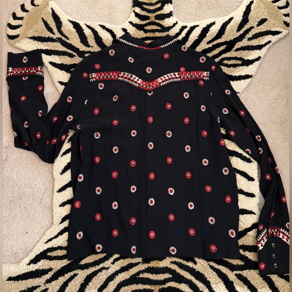 RRL Ralph Lauren Western Embroidered Georgette Blouse Black Red 2 - Picture 4 of 12